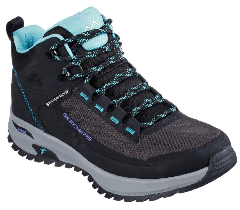 Footwear Skechers Ankle Boots | Skechers - Black And Turquoise Waterproof Hiking Boot