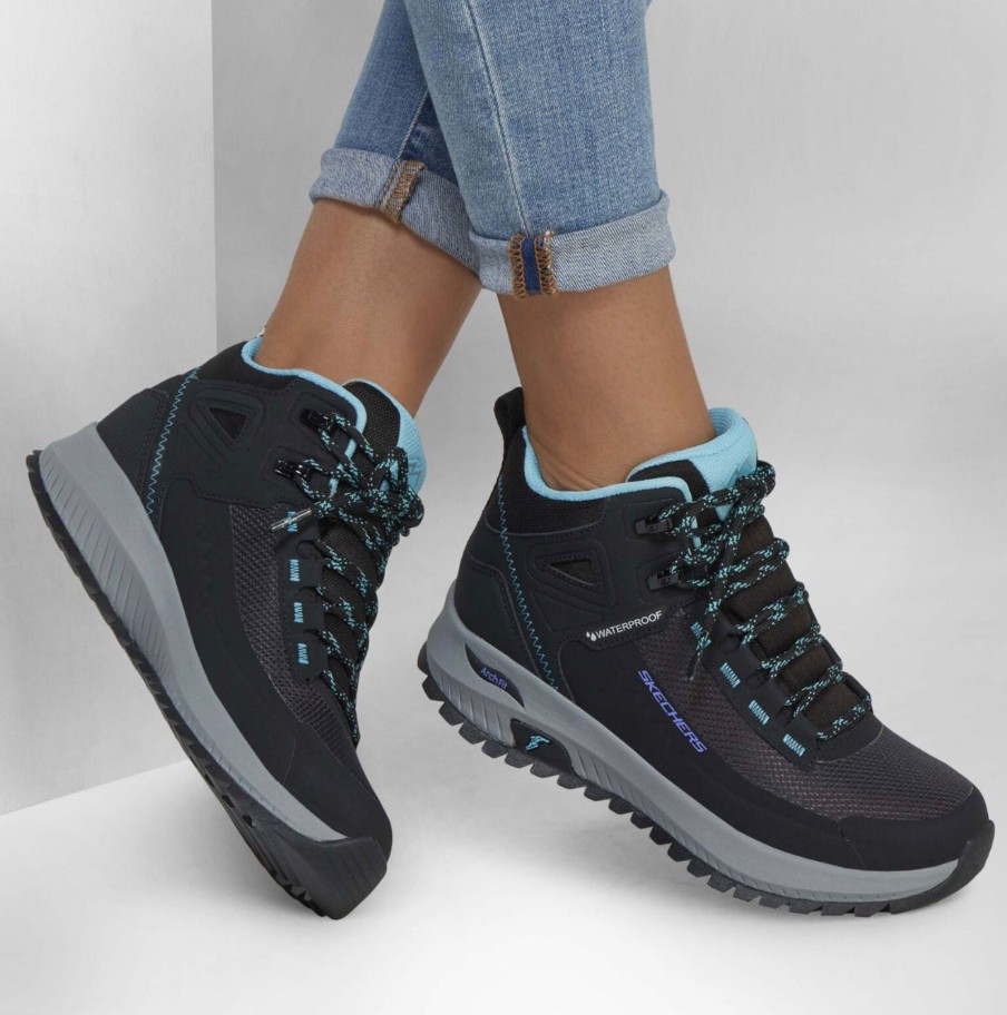 Footwear Skechers Ankle Boots | Skechers - Black And Turquoise Waterproof Hiking Boot