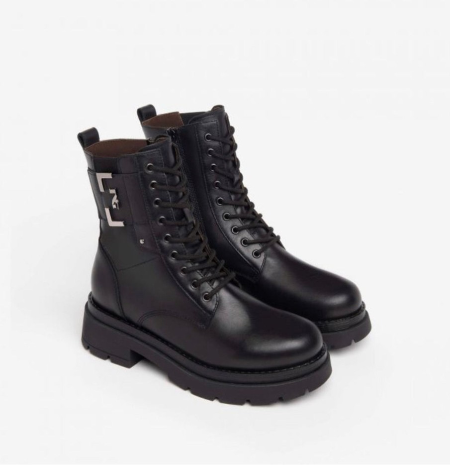 Footwear NeroGiardini Ankle Boots | Nerogiardini - I309151D Black Leather Biker Boot