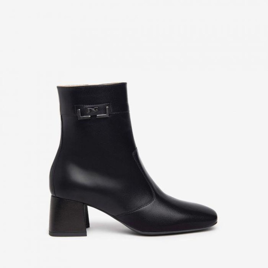 Footwear NeroGiardini Ankle Boots | Nerogiardini - I308981D Black Leather Block Heel Ankle Boot