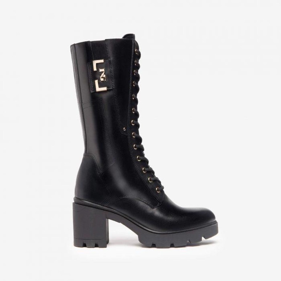 Footwear NeroGiardini Ankle Boots | Nerogiardini - I205862D Black Leather Mid Calf Boot With Ng Logo