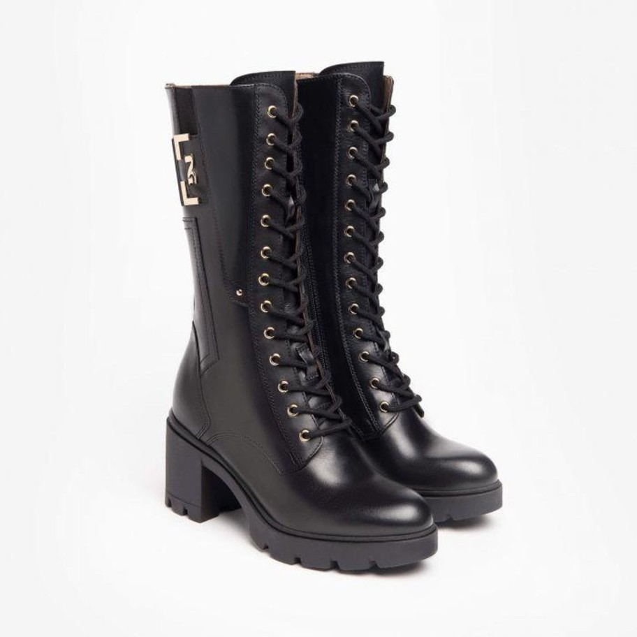 Footwear NeroGiardini Ankle Boots | Nerogiardini - I205862D Black Leather Mid Calf Boot With Ng Logo