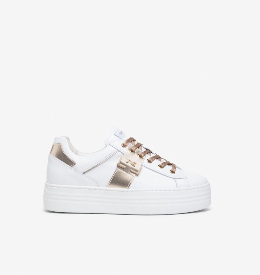 Footwear NeroGiardini | Nerogiardini - I308413D White And Gold Ng Trainer