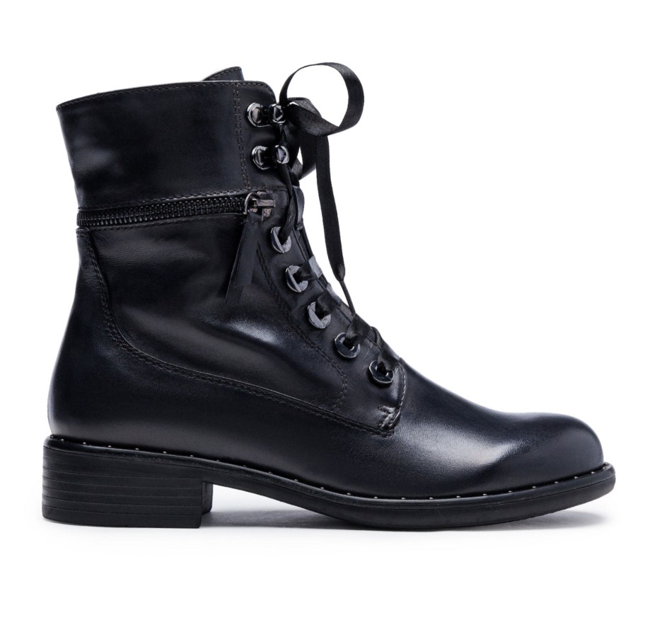 Footwear Regarde Le Ciel Ankle Boots | Regarde Le Ciel - Roxana-04 Black Zip Biker Ribbon Lace