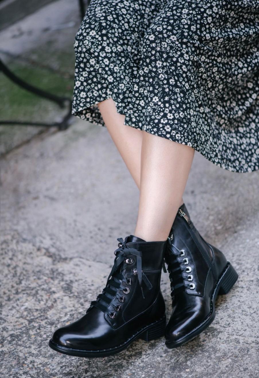 Footwear Regarde Le Ciel Ankle Boots | Regarde Le Ciel - Roxana-04 Black Zip Biker Ribbon Lace