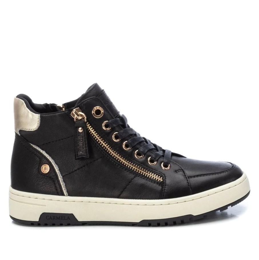 Footwear Carmela | Carmela - 161076 Black Leather Hi Top With A Gold Zip