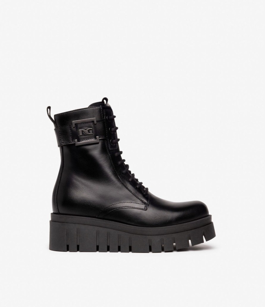 Footwear NeroGiardini Wedge Boots | Nerogiardini - I309092D Black Leather Lace Platform Biker Boot