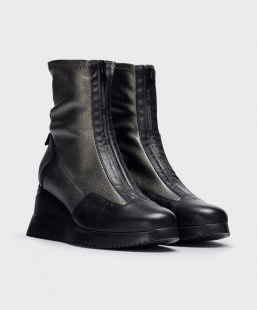 Footwear Wonders Ankle Boots | Wonders - G-6614 Black And Pewter Wedge Boot