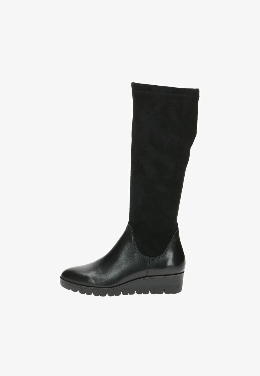 Footwear Caprice | Caprice - 9-25608-41 Black Leather Wedge Knee High Boot