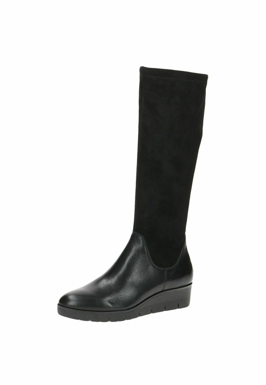 Footwear Caprice | Caprice - 9-25608-41 Black Leather Wedge Knee High Boot