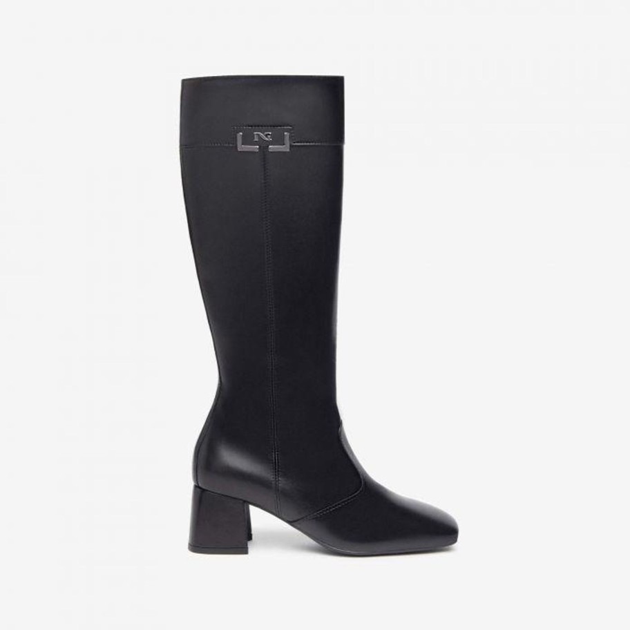 Footwear NeroGiardini Knee High Boots | Nerogiardini -I308658De Black Leather Knee High With Medium Block Heel