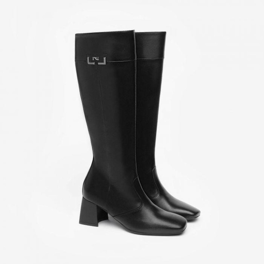 Footwear NeroGiardini Knee High Boots | Nerogiardini -I308658De Black Leather Knee High With Medium Block Heel