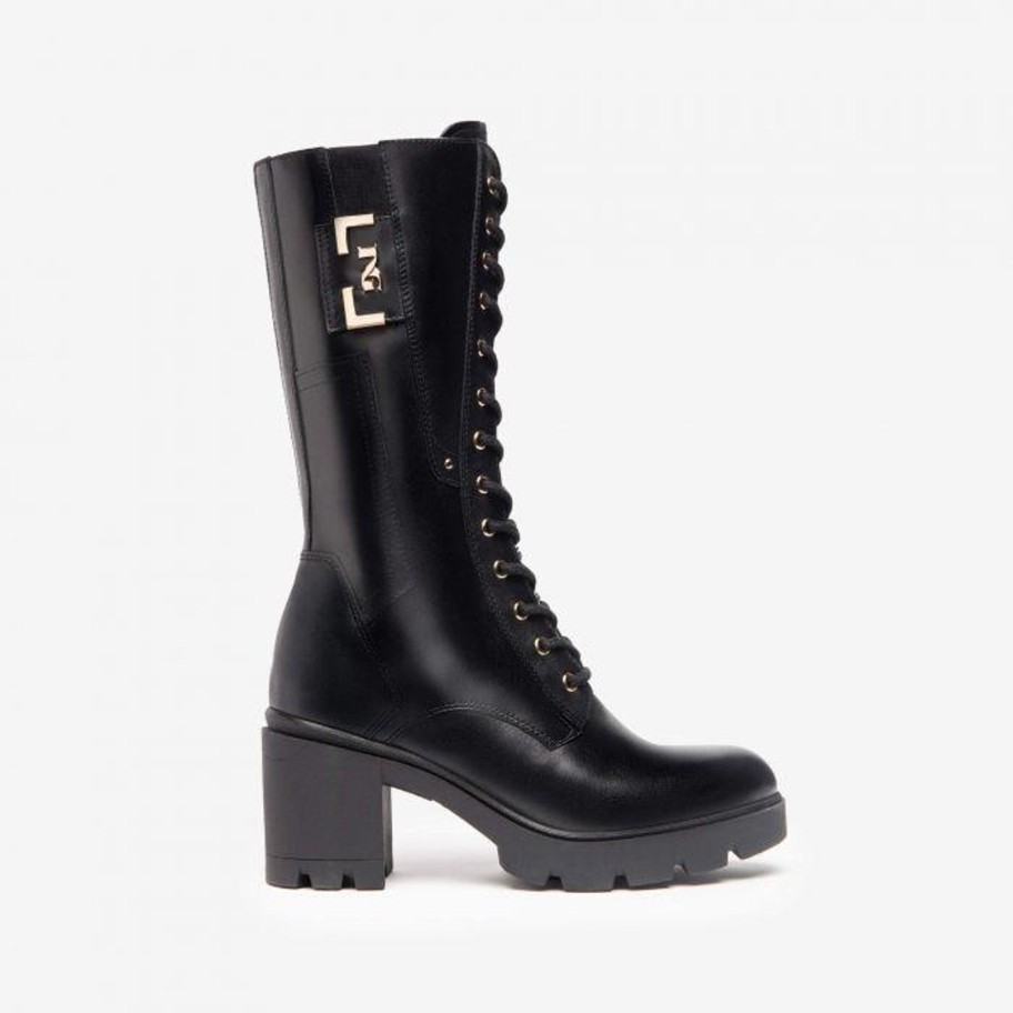 Footwear NeroGiardini Mid Calf Boots | Nerogiardini - I205862D Black Leather Mid Calf Boot With Ng Logo