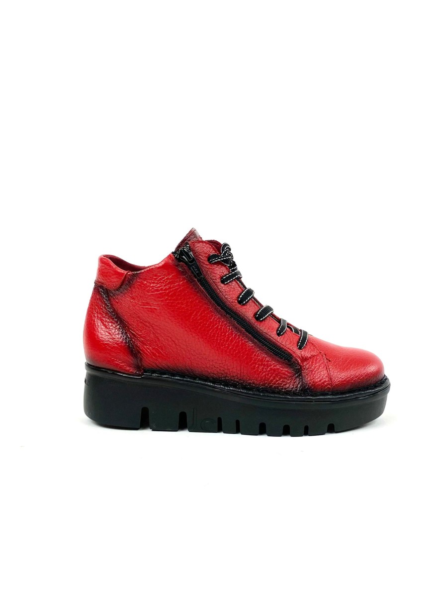 Footwear Jose Saenz Wedge Boots | Jose Saenz - 4418 Red Lace Wedge Ankle Boot