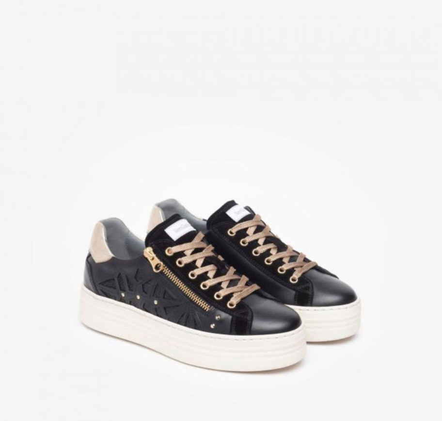 Footwear NeroGiardini | Nerogiardini - L308410D Black Leather Geometric Print With Gold Zip