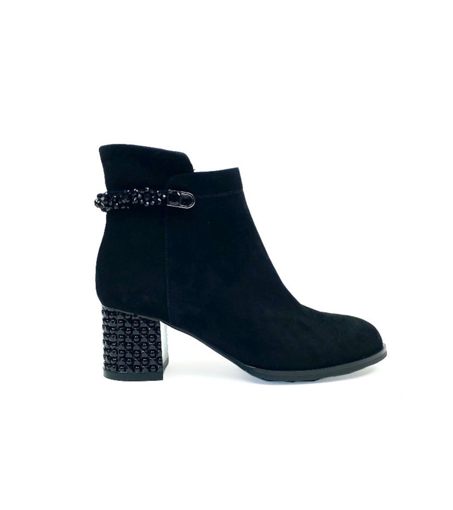 Footwear Loretta Vitale Ankle Boots | Loretta Vitale - F990 Black Suede Embellished Heel Ankle Boot