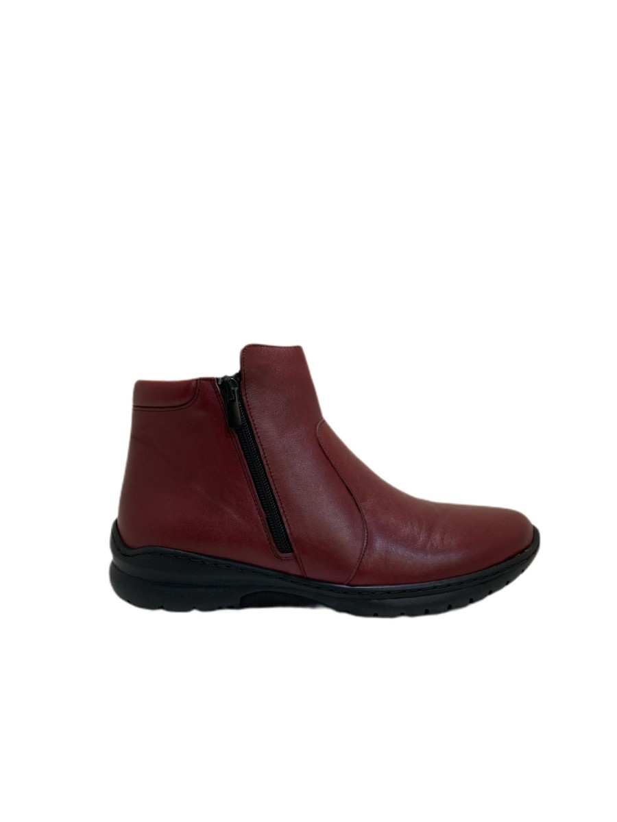 Footwear Softmode Ankle Boots | Softmode - Burgundy Leather Ankle Boot With A Double Zip (Wide Fit)