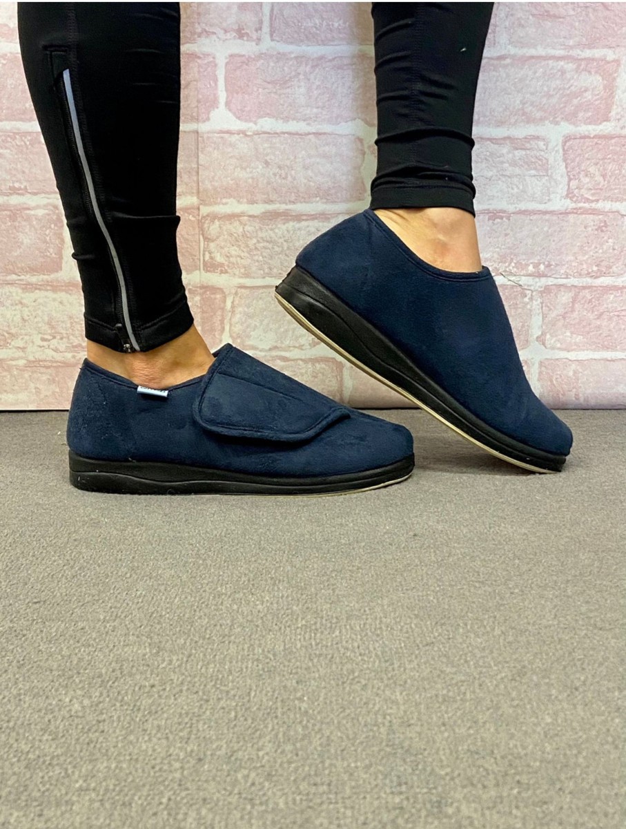 Footwear Cosy Toes | Cosy Toes - Navy Velcro Non Slip Slipper