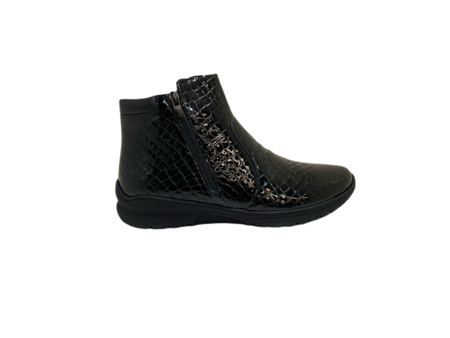 Footwear Softmode Ankle Boots | Softmode - Black Patent Crocodile Double Zip Ankle Boot(Wide Fit)