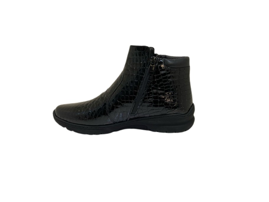 Footwear Softmode Ankle Boots | Softmode - Black Patent Crocodile Double Zip Ankle Boot(Wide Fit)