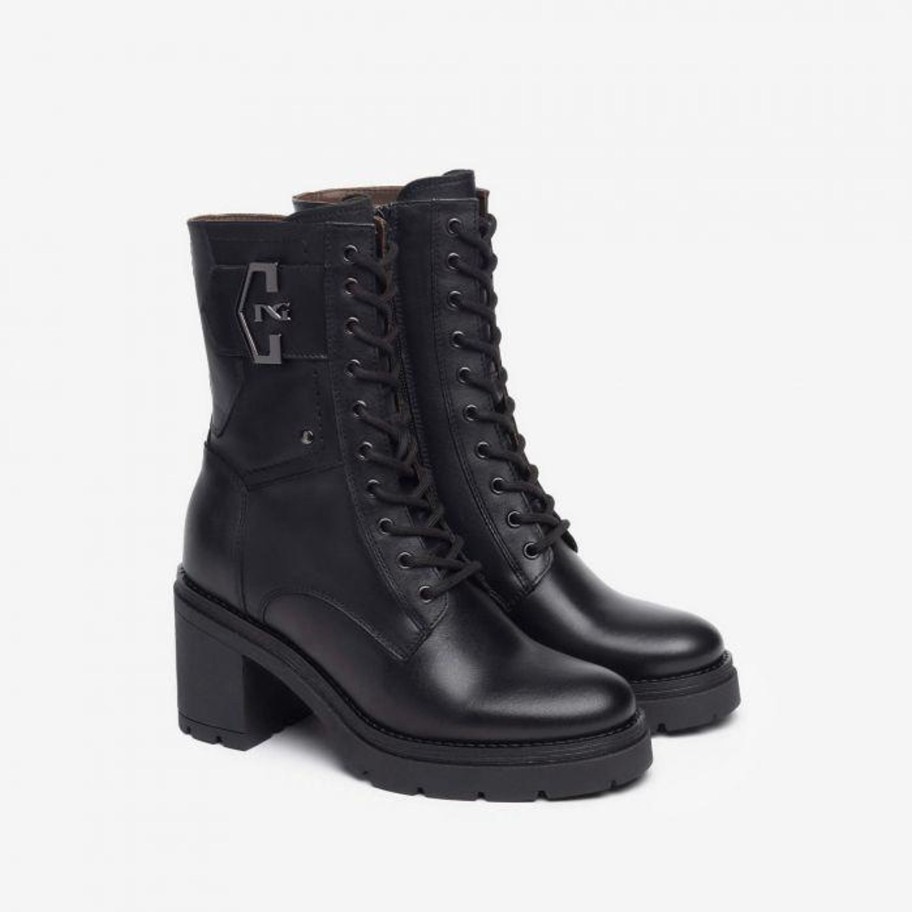 Footwear NeroGiardini Ankle Boots | Nerogiardini - I309161D Black Leather Chunky Heel