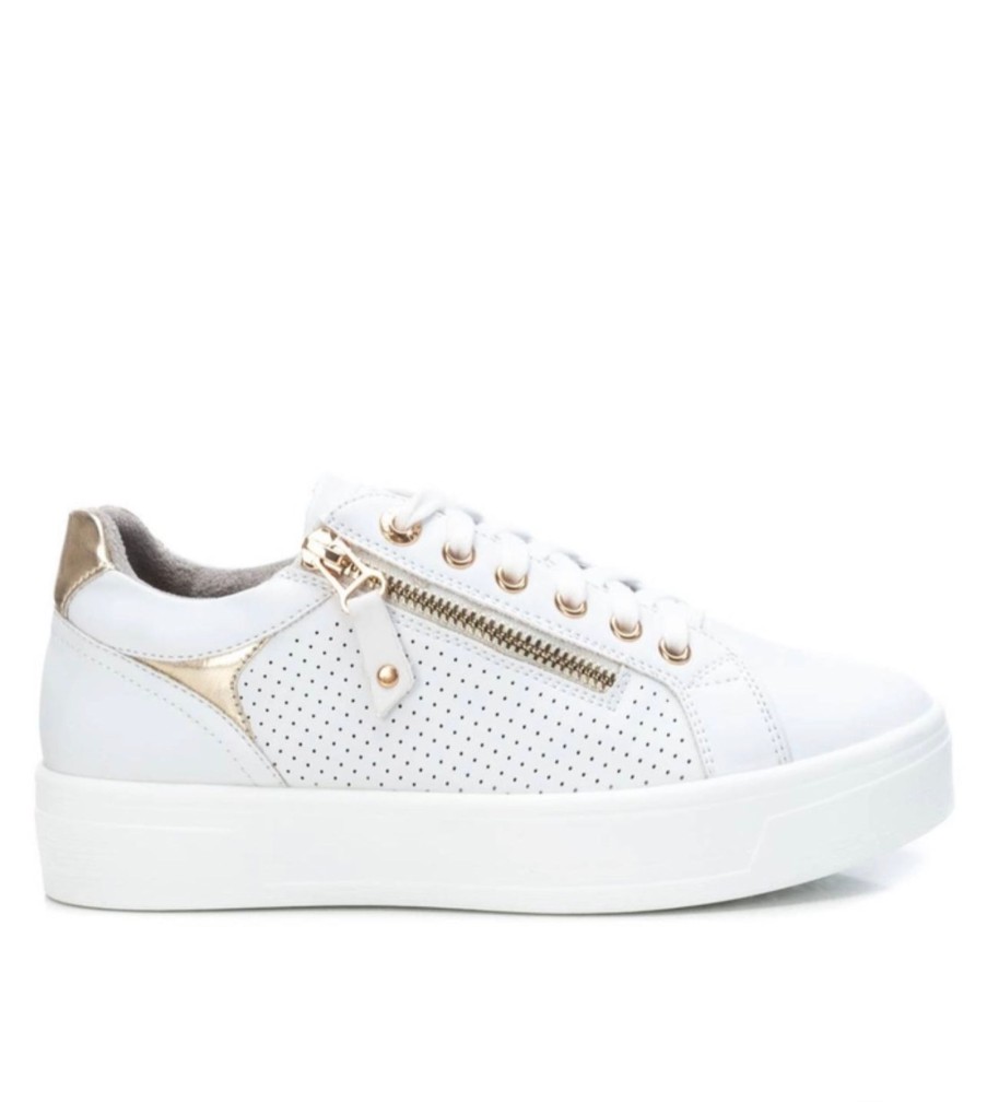 Footwear XTI | Xti - 44309 White Perforated Gold Zip Trainer