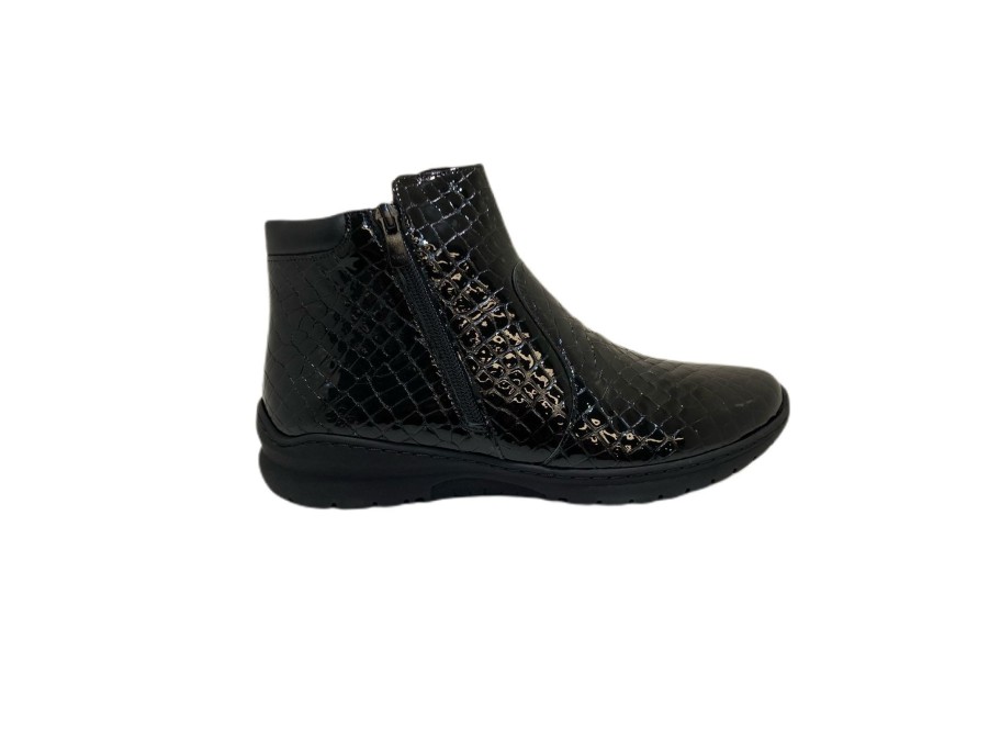 Footwear Softmode | Softmode - Black Patent Crocodile Double Zip Ankle Boot(Wide Fit)