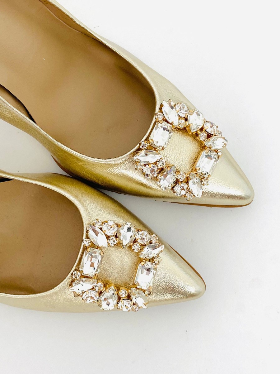 Footwear Rachel's | Rachels - Gold Court Shoe With Diamonte