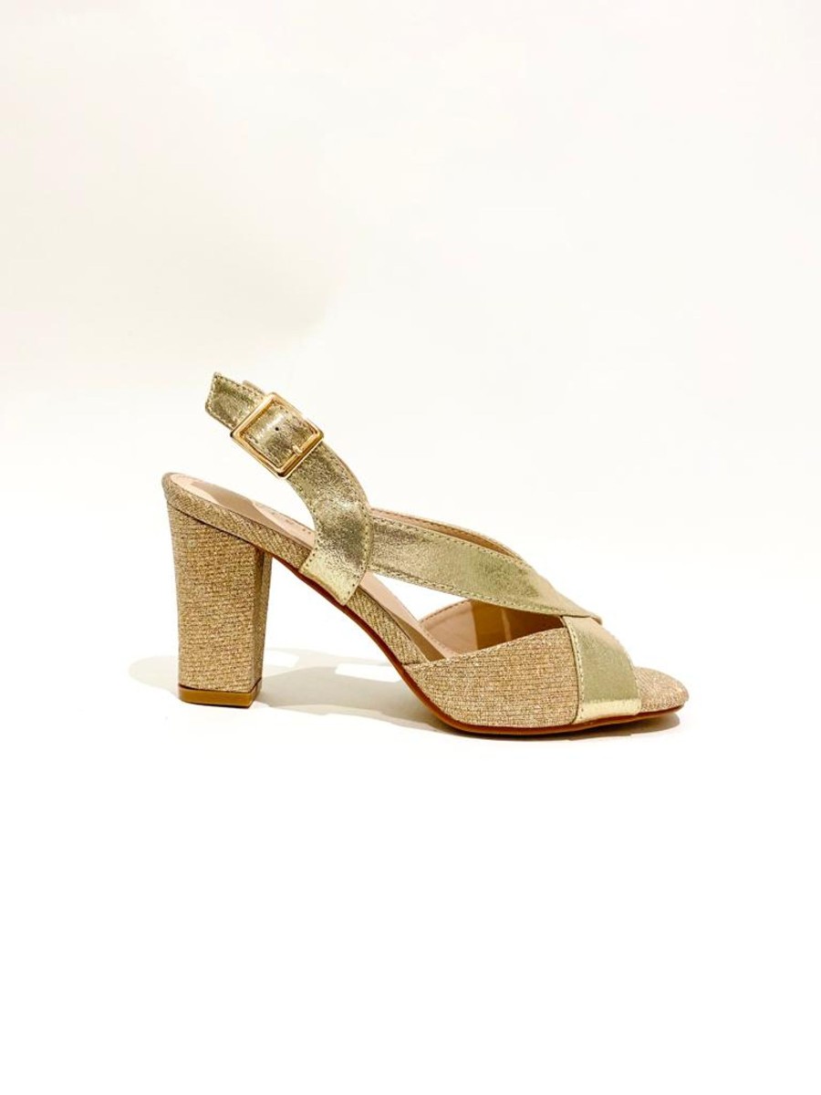 Footwear Sorento | Sorento - Gold Glitz Crisscross Block Heel