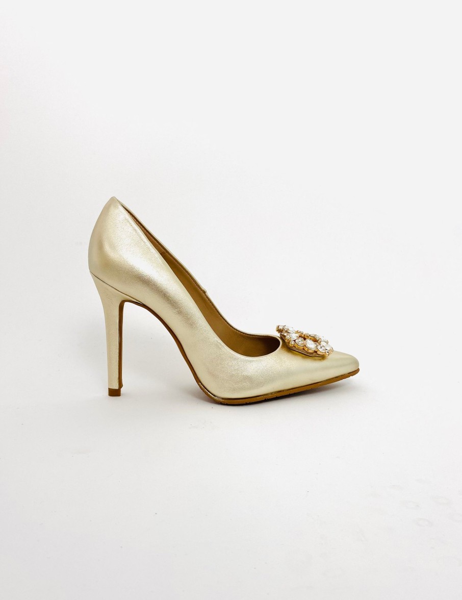 Footwear Rachel's | Rachels - Gold Court Shoe With Diamonte