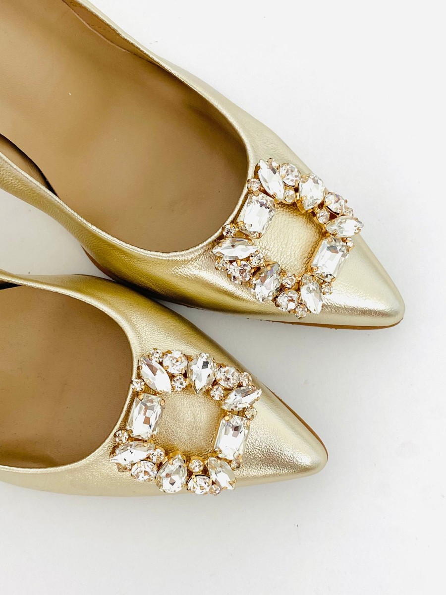 Footwear Rachel's | Rachels - Gold Court Shoe With Diamonte