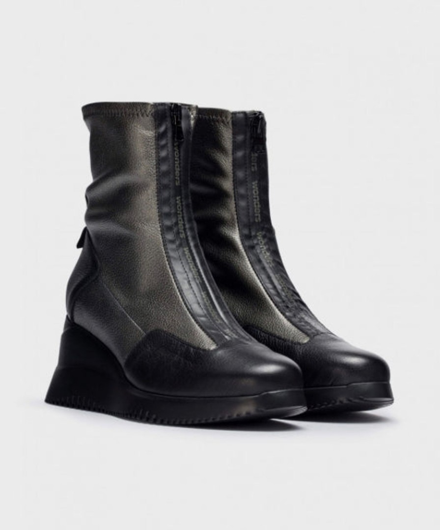 Footwear Wonders | Wonders - G-6614 Black And Pewter Wedge Boot