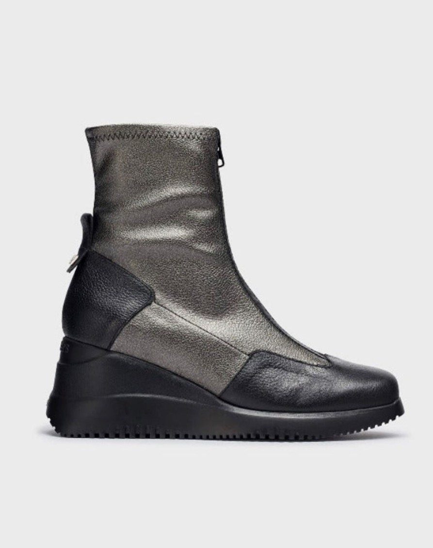 Footwear Wonders Wedge Boots | Wonders - G-6614 Black And Pewter Wedge Boot