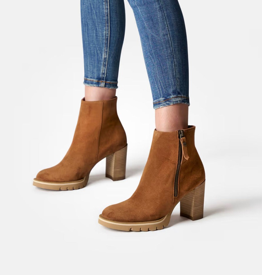 Footwear Paul Green Ankle Boots | Paul Green 8054 Tan Leather Suede Ankle Boot