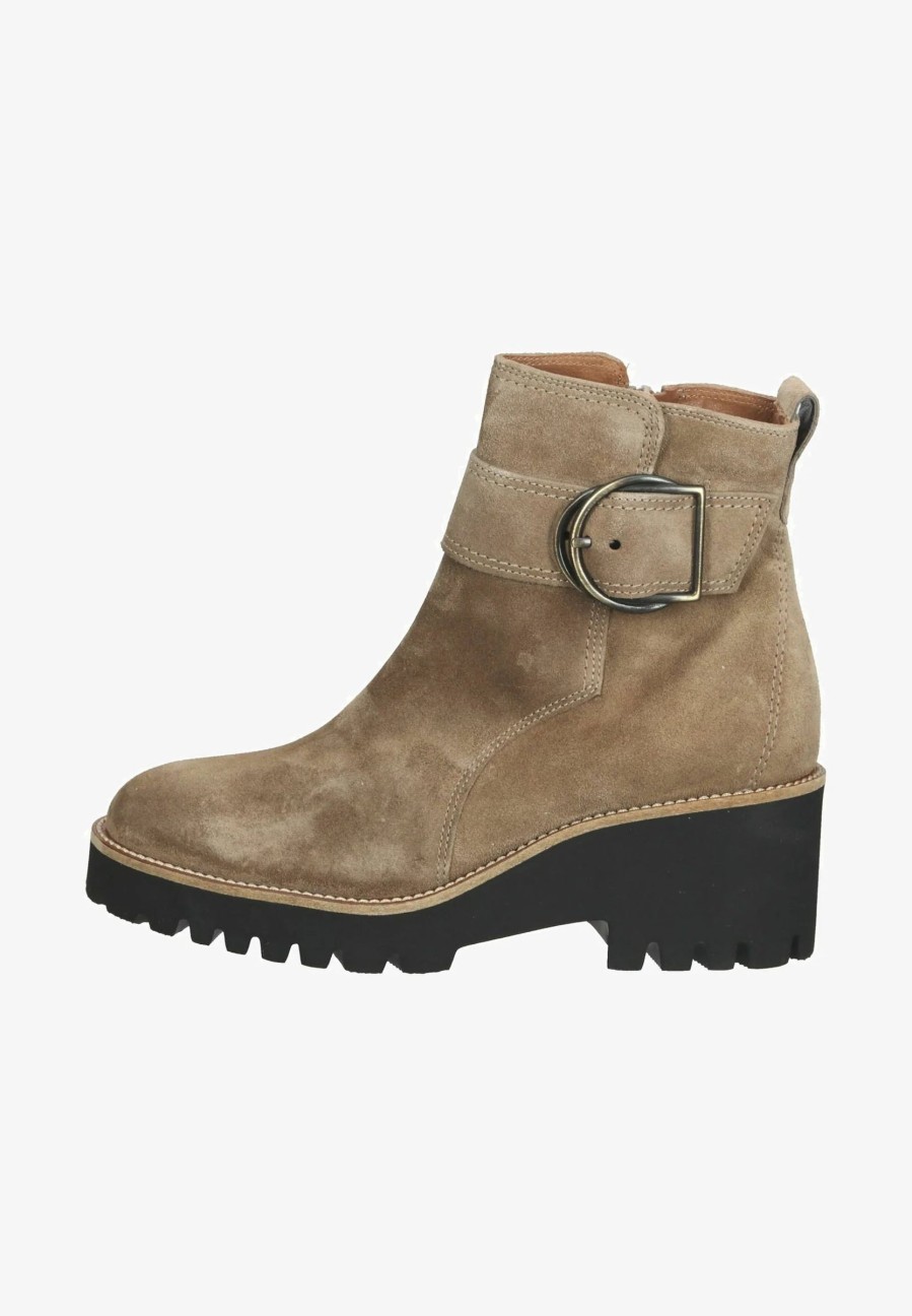 Footwear Paul Green Ankle Boots | Paul Green - 9763 Taupe Leather Suede Biker Boot