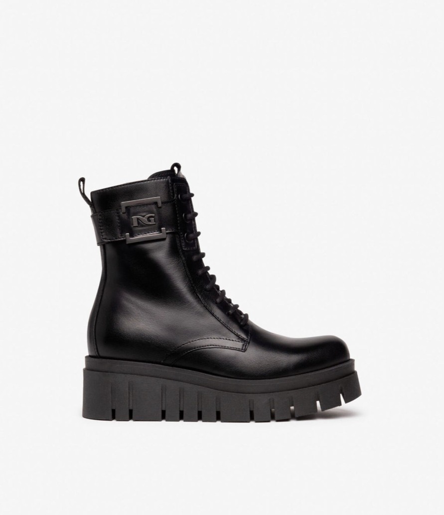 Footwear NeroGiardini Ankle Boots | Nerogiardini - I309092D Black Leather Lace Platform Biker Boot