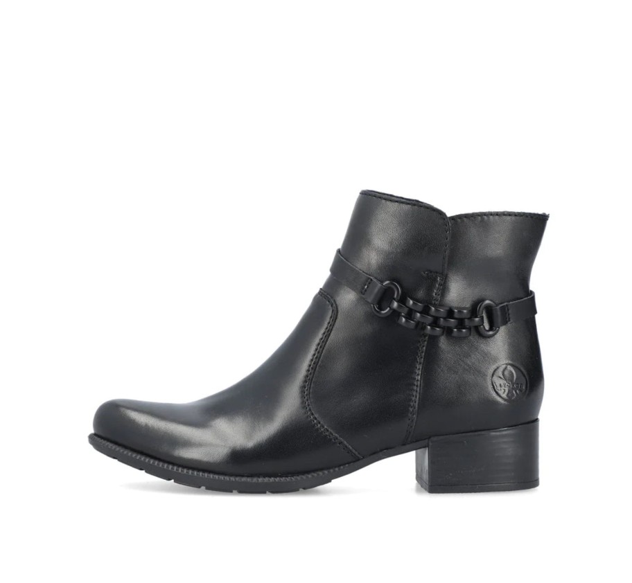 Footwear Rieker Ankle Boots | Rieker - 78676 Black Leather Chain Ankle Boot